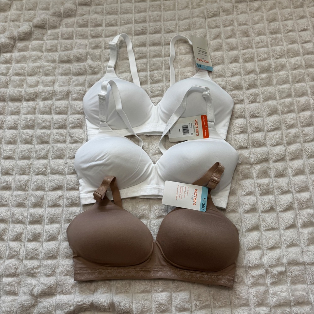 NEW Warner's 36C LOT of 3 Lighty Lined Wireless Bras White & Nude